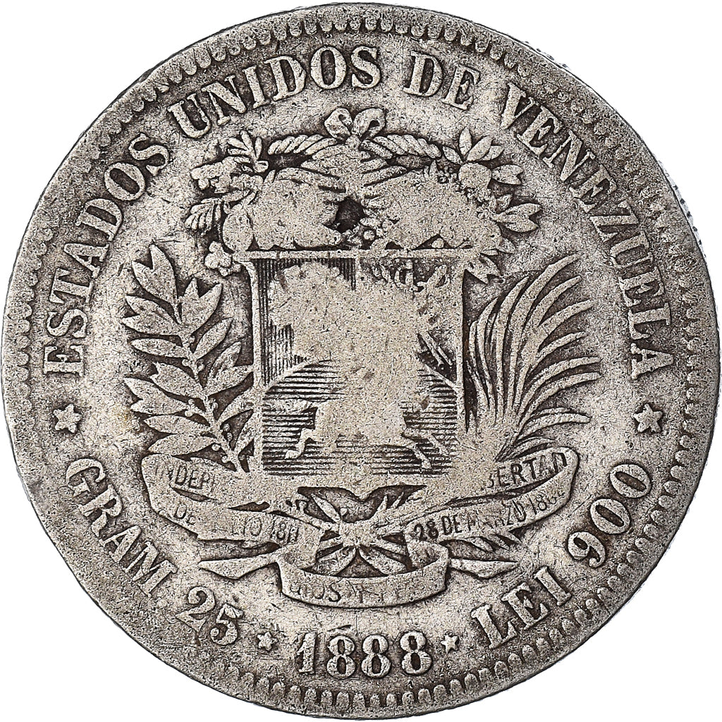 Monnaie, Venezuela, Gram 25, 5 Bolivares, 1888, TB, Argent, KM:24.1