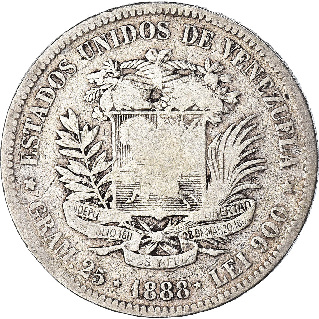 Coin, Venezuela, Gram 25, 5 Bolivares, 1888, VF(20-25), Silver, KM:24.1