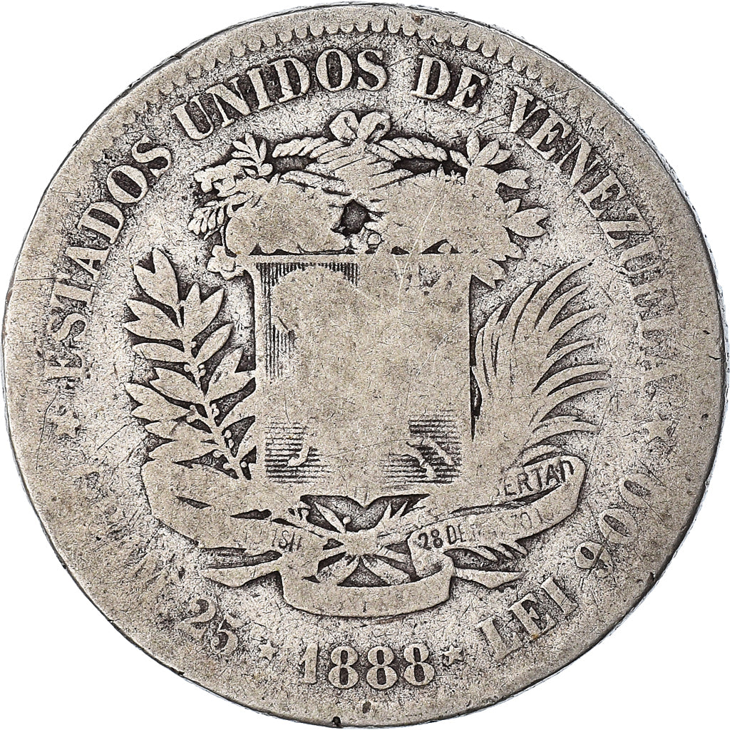 Moneta, Venezuela, Gram 25, 5 Bolivares, 1888, B+, Argento, KM:24.1