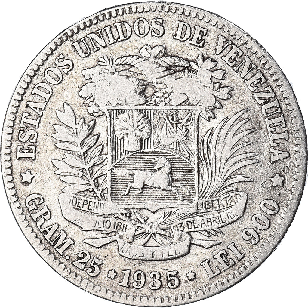 Coin, Venezuela, Gram 25, 5 Bolivares, 1935, EF(40-45), Silver, KM:24.2