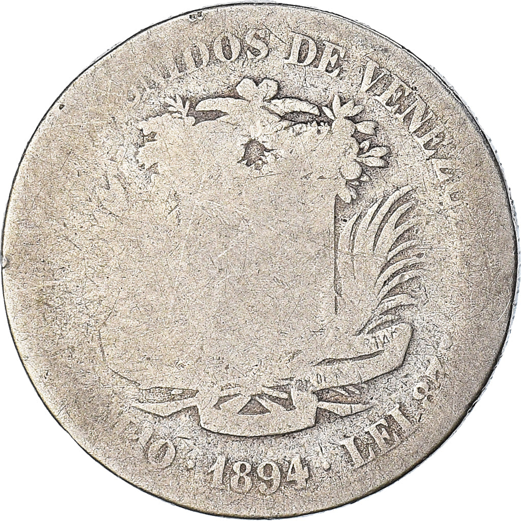 Moneta, Venezuela, Gram 10, 2 Bolivares, 1894, B, Argento, KM:23