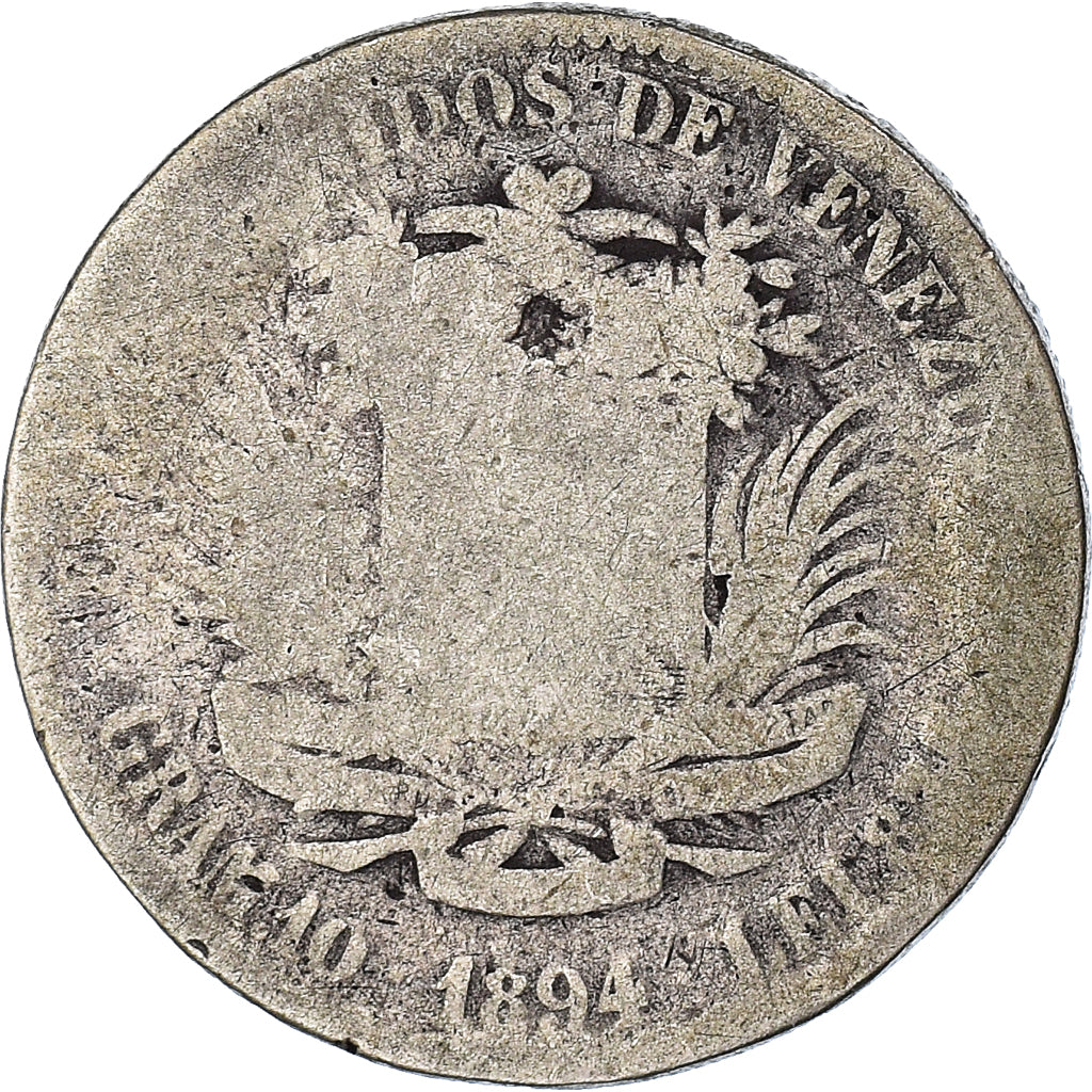 Moeda, Venezuela, Gram 10, 2 Bolivares, 1894, VG(8-10), Prata, KM:23
