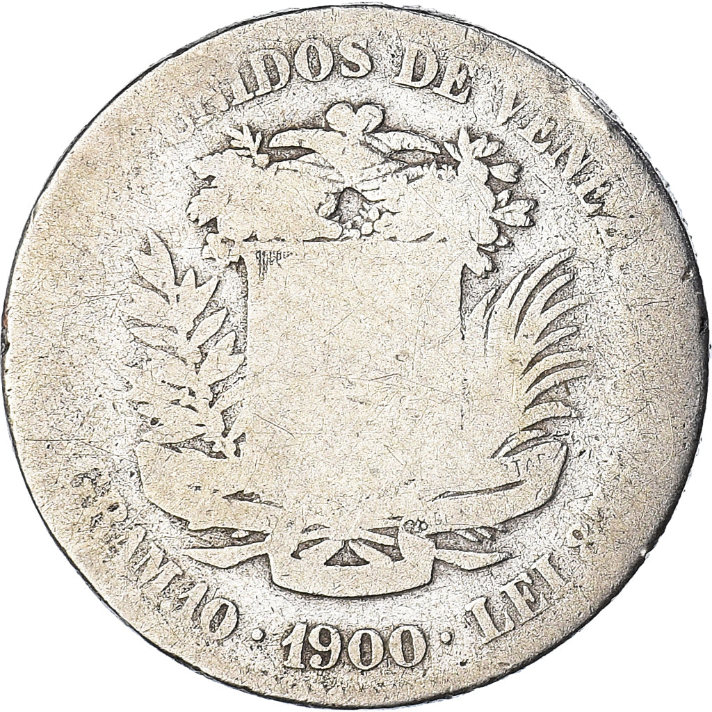 Coin, Venezuela, Gram 10, 2 Bolivares, 1900, VG(8-10), Silver, KM:23
