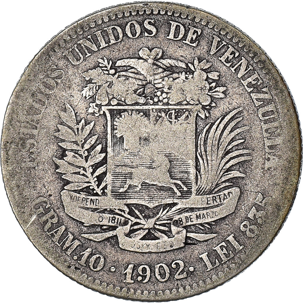 Moneta, Venezuela, Gram 10, 2 Bolivares, 1902, MB, Argento, KM:23