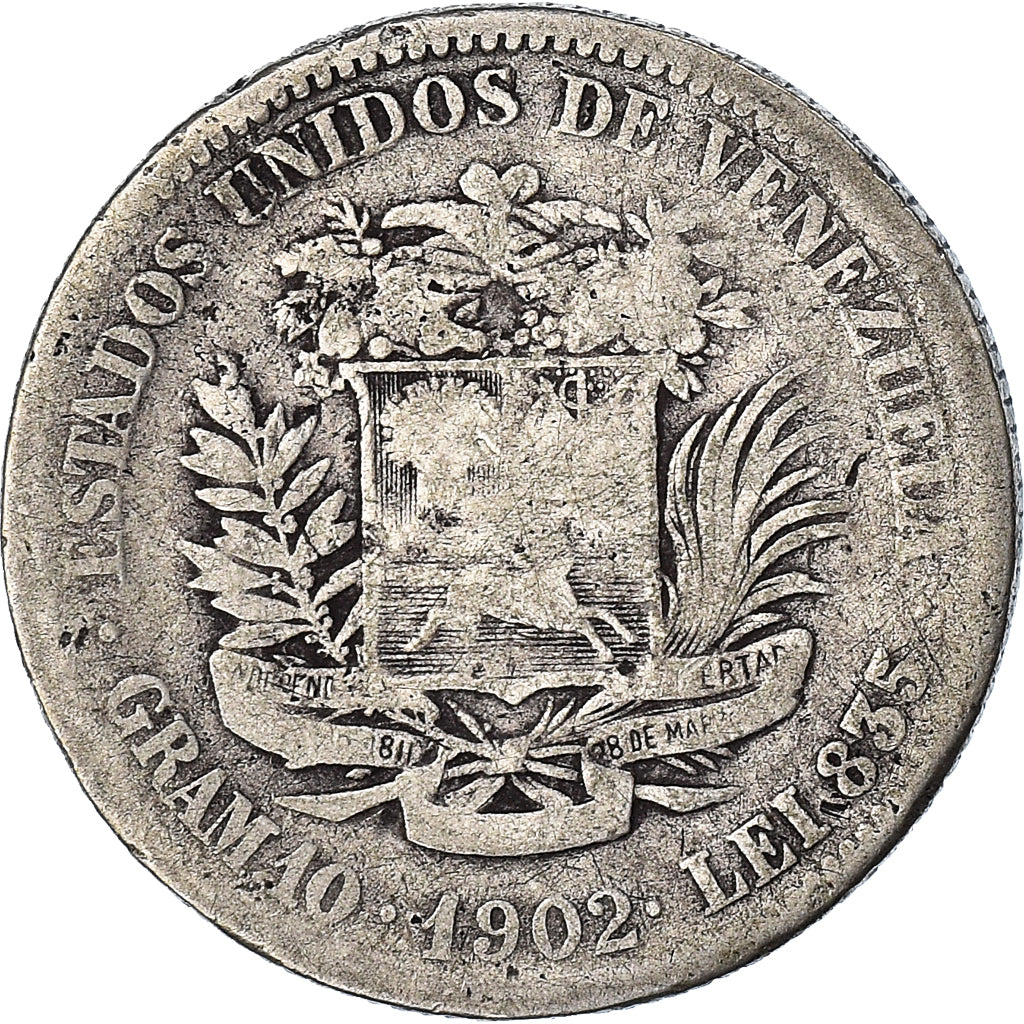 Coin, Venezuela, Gram 10, 2 Bolivares, 1902, F(12-15), Silver, KM:23