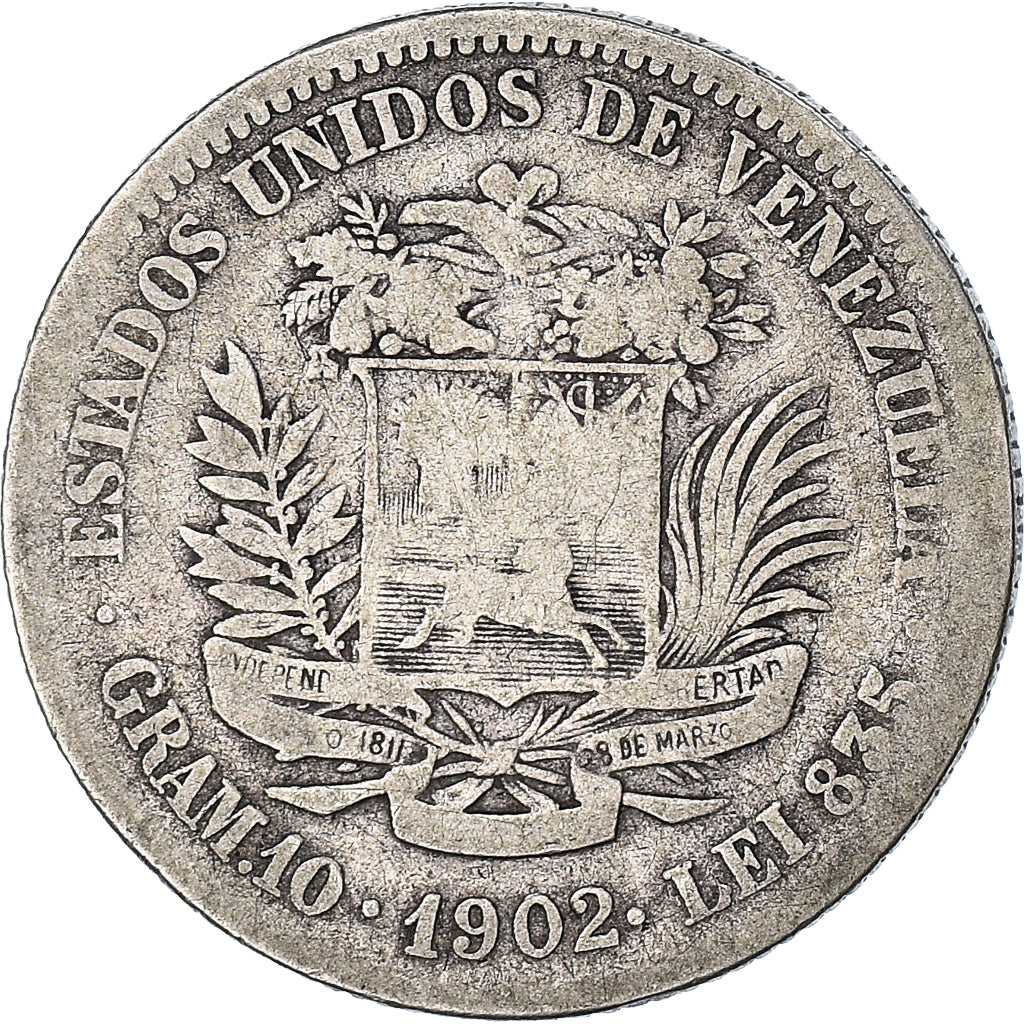 Coin, Venezuela, Gram 10, 2 Bolivares, 1902, F(12-15), Silver, KM:23
