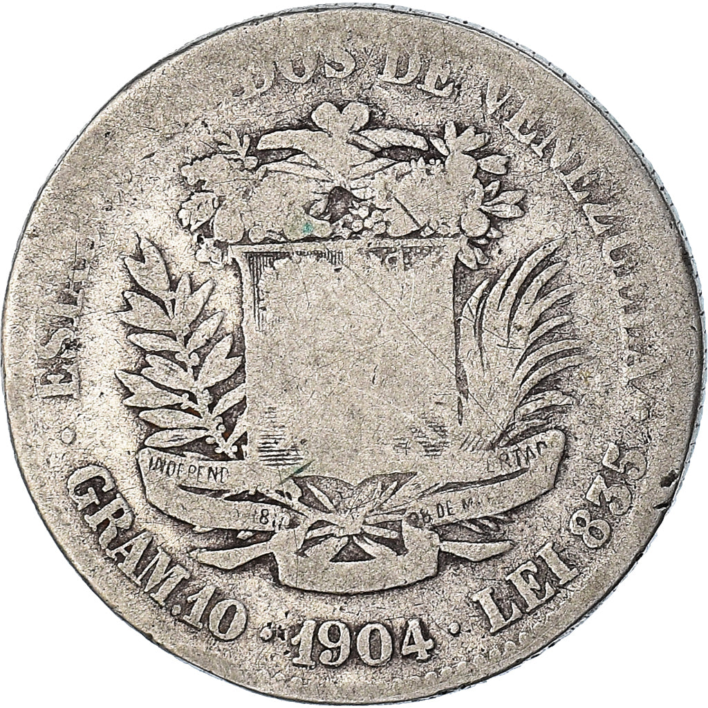 Coin, Venezuela, Gram 10, 2 Bolivares, 1904, F(12-15), Silver, KM:23