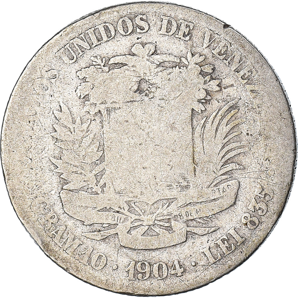 Coin, Venezuela, Gram 10, 2 Bolivares, 1904, F(12-15), Silver, KM:23