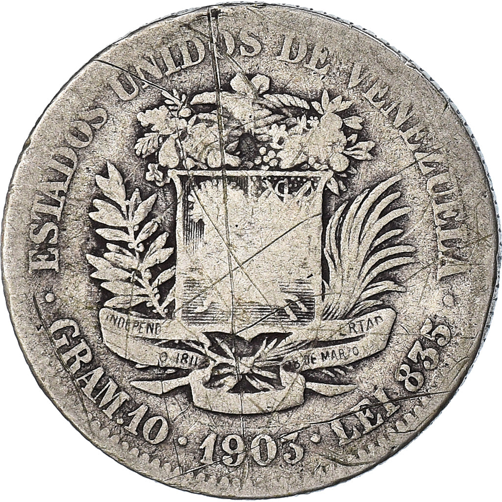 Coin, Venezuela, Gram 10, 2 Bolivares, 1903, F(12-15), Silver, KM:23