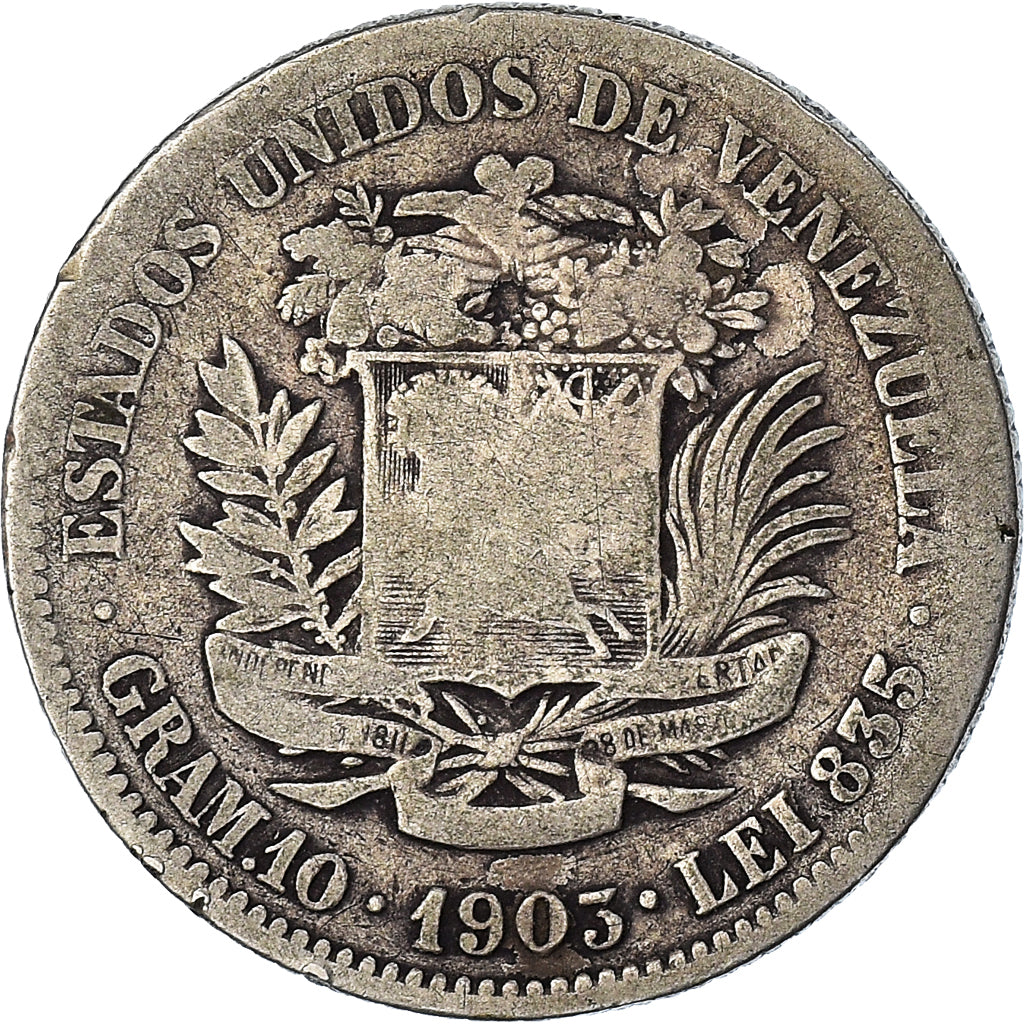 Moneta, Venezuela, Gram 10, 2 Bolivares, 1903, MB, Argento, KM:23