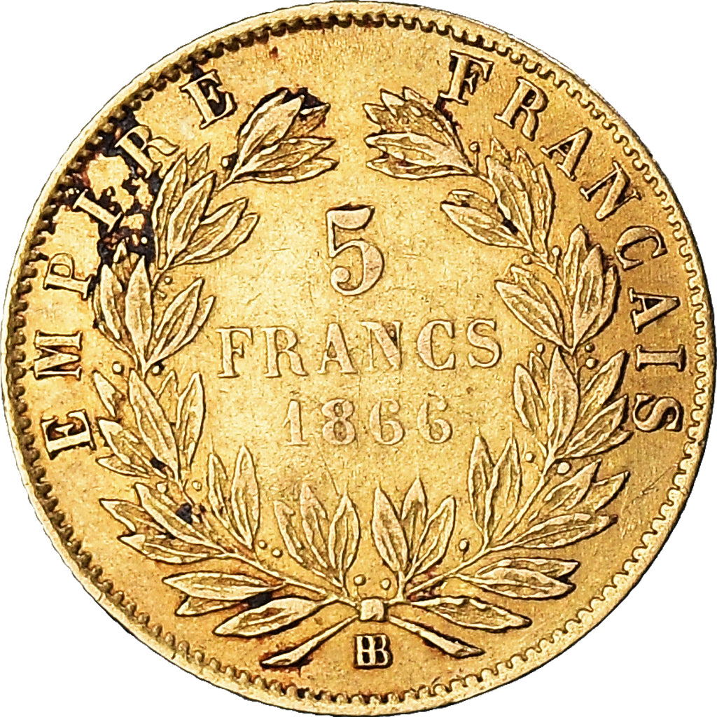 Coin, France, Napoleon III, 5 Francs, 1866, Strasbourg, EF(40-45), Gold