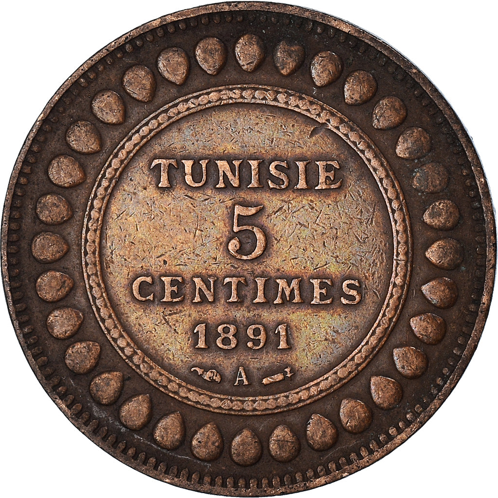 Munten, Tunisië, Ali Bey, 5 Centimes, 1891, Paris, ZF, Bronzen, KM:221