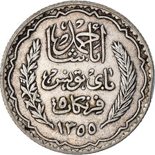 Coin, Tunisia, Ahmad Pasha Bey, 5 Francs, 1936/AH1355, Paris, EF(40-45), Silver
