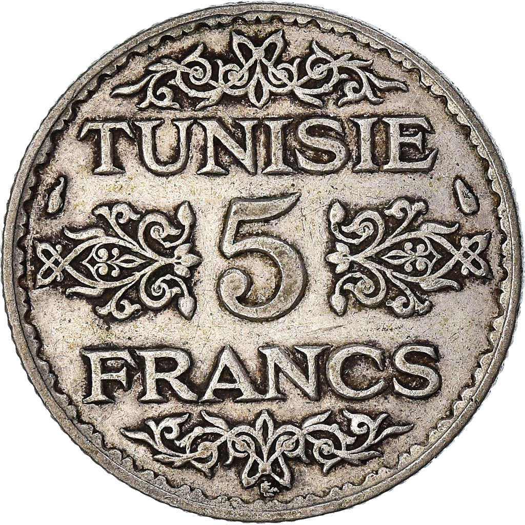 Coin, Tunisia, Ahmad Pasha Bey, 5 Francs, 1936/AH1355, Paris, EF(40-45), Silver