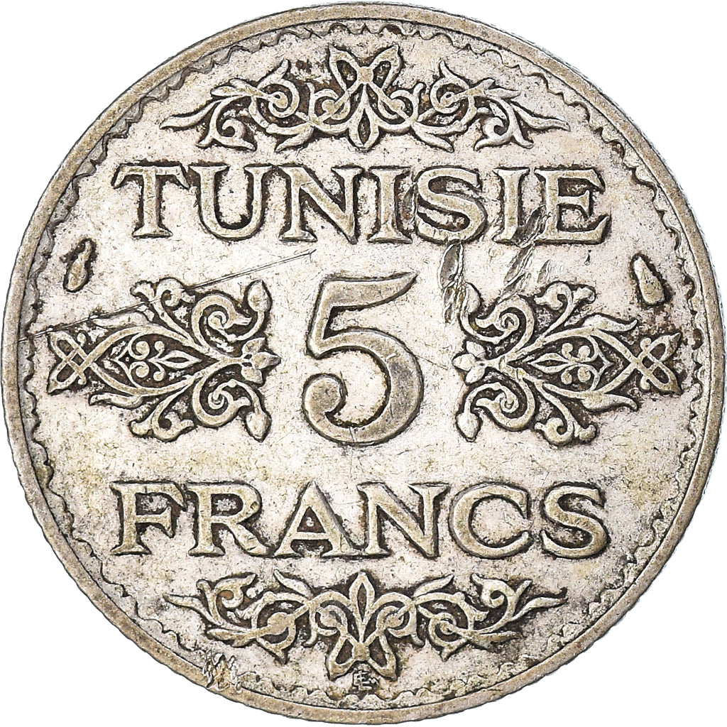 Coin, Tunisia, Ahmad Pasha Bey, 5 Francs, 1936/AH1355, Paris, EF(40-45), Silver