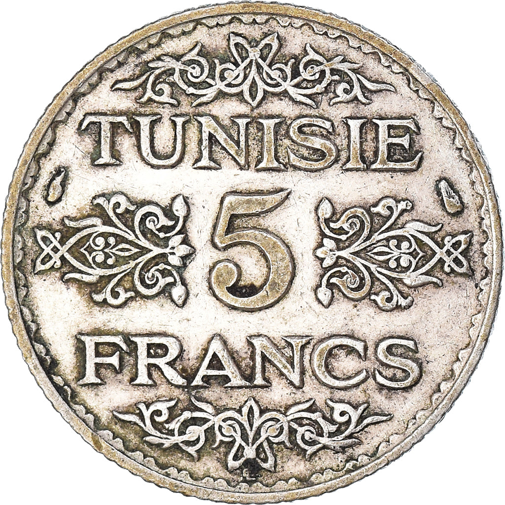 Coin, Tunisia, Ahmad Pasha Bey, 5 Francs, 1936/AH1355, Paris, EF(40-45), Silver