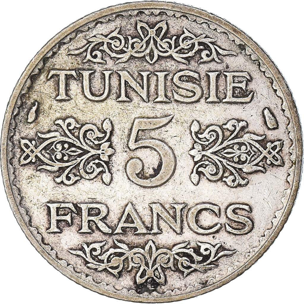 Coin, Tunisia, Ahmad Pasha Bey, 5 Francs, 1936/AH1355, Paris, EF(40-45), Silver