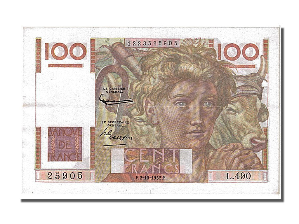 France, 100 Francs, 100 F 1945-1954 ''Jeune Paysan'', 1952, KM #128d,...