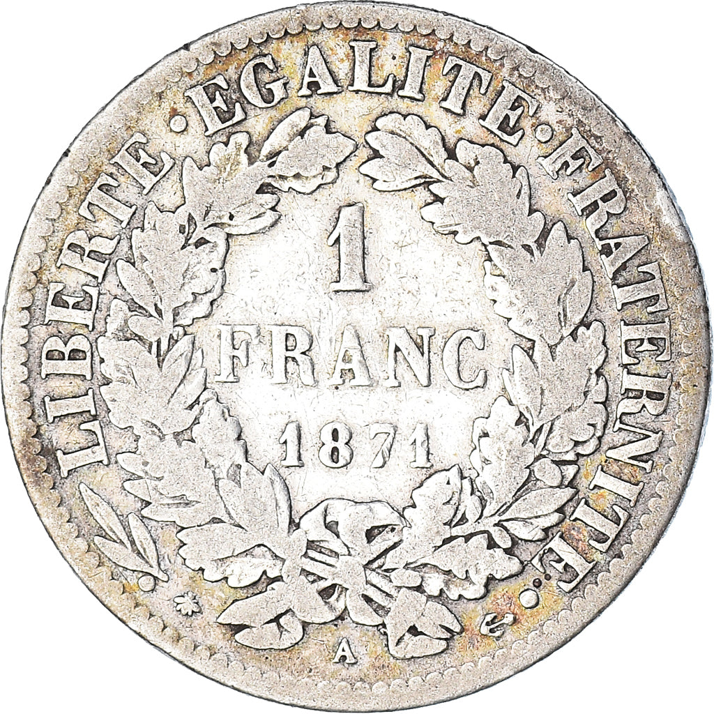 Moneta, Francia, Cérès, Franc, 1871, Paris, MB, Argento, KM:822.1, Gadoury:465