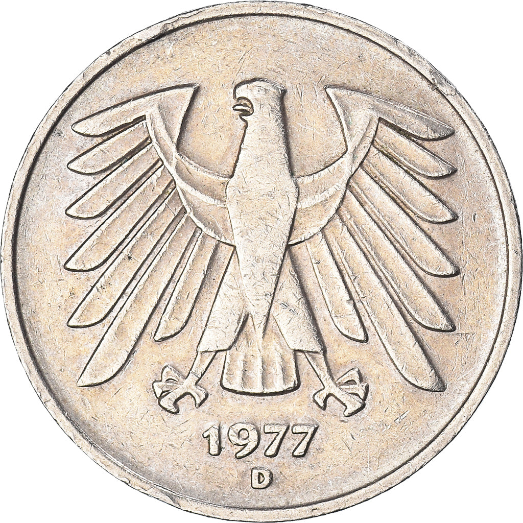 Coin, GERMANY - FEDERAL REPUBLIC, 5 Mark, 1977, Munich, EF(40-45), Copper-Nickel