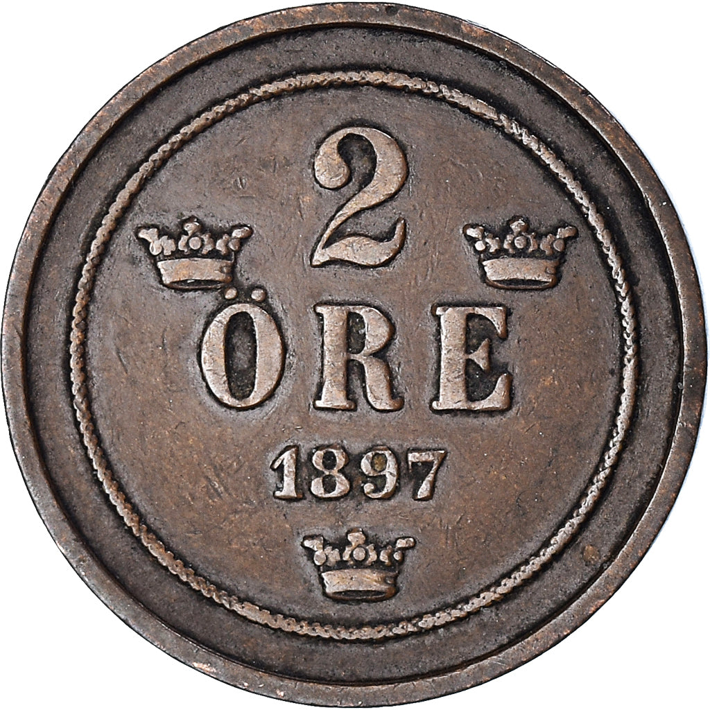 Moneda, Suecia, Oscar II, 2 Öre, 1897, MBC, Bronce, KM:746