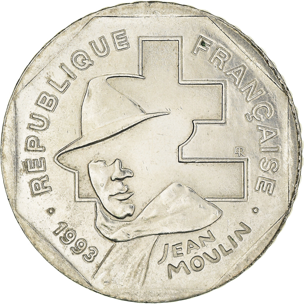 Moneta, Francja, Jean Moulin, 2 Francs, 1993, AU(50-53), Nikiel, KM:1062