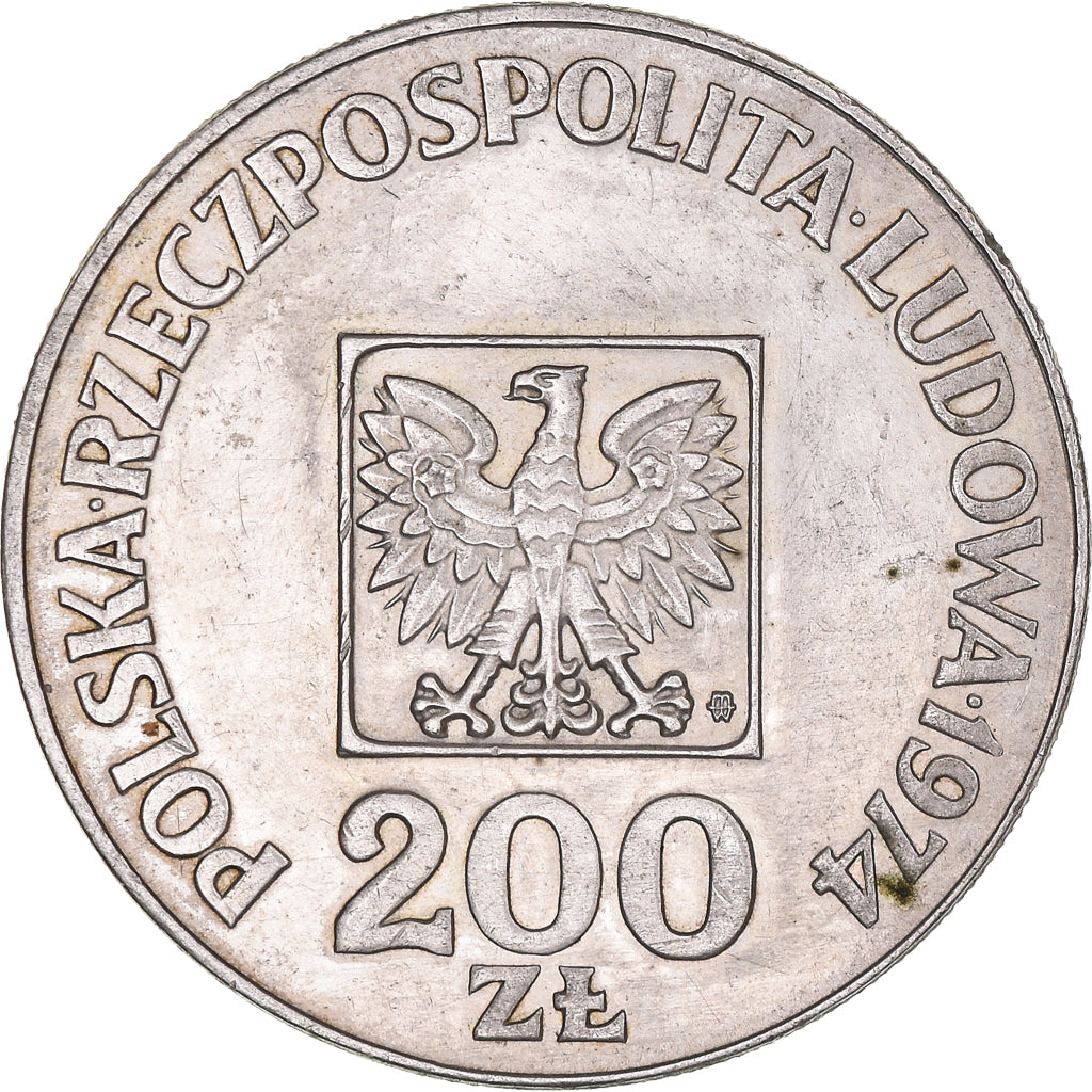 Moneda, Polonia, 200 Zlotych, 1974, Warsaw, MBC+, Plata, KM:72