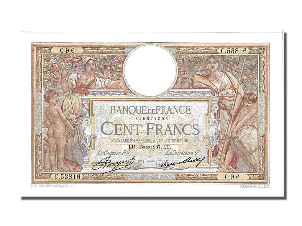 Banknote, France, 100 Francs, 100 F 1908-1939 ''Luc Olivier Merson'', 1937