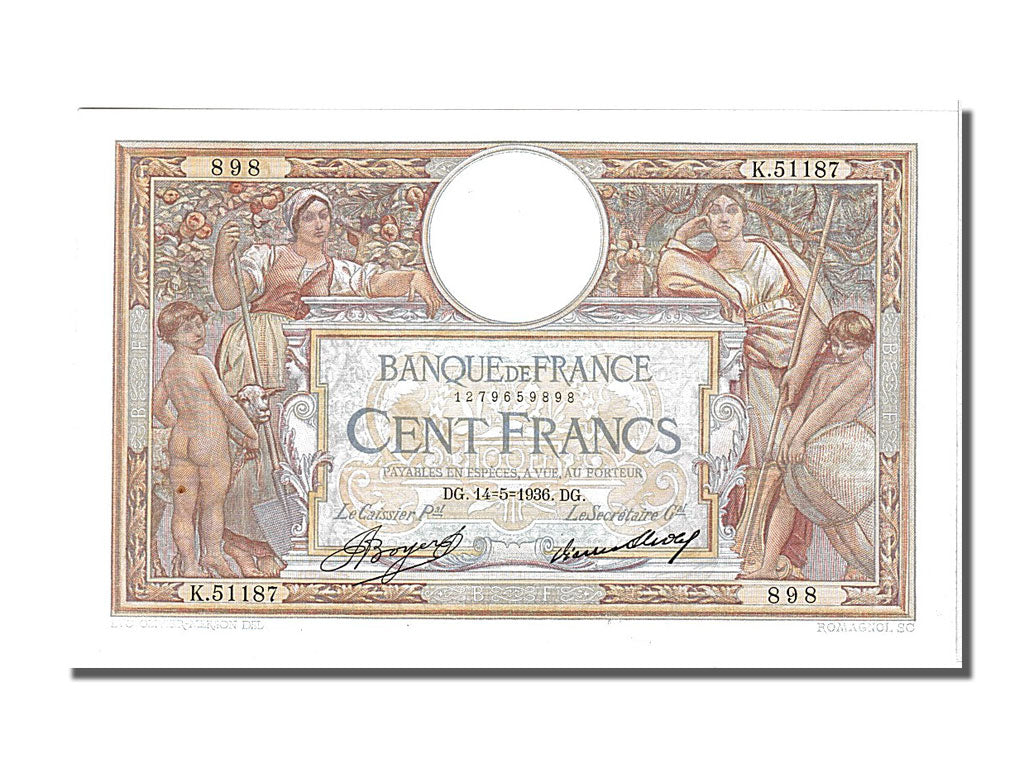 Banknote, France, 100 Francs, 100 F 1908-1939 ''Luc Olivier Merson'', 1936