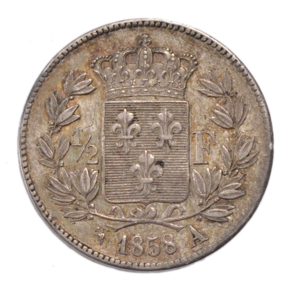 FRANCE, 1/2 Franc, 1858, Paris, AU(55-58), Silver, Gadoury #407, 3.09