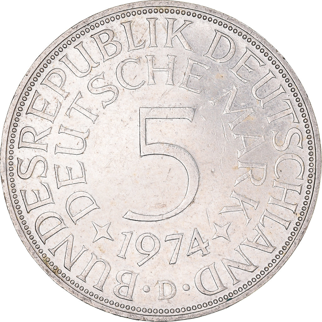 Coin, GERMANY - FEDERAL REPUBLIC, 5 Mark, 1974, Munich, EF(40-45), Silver