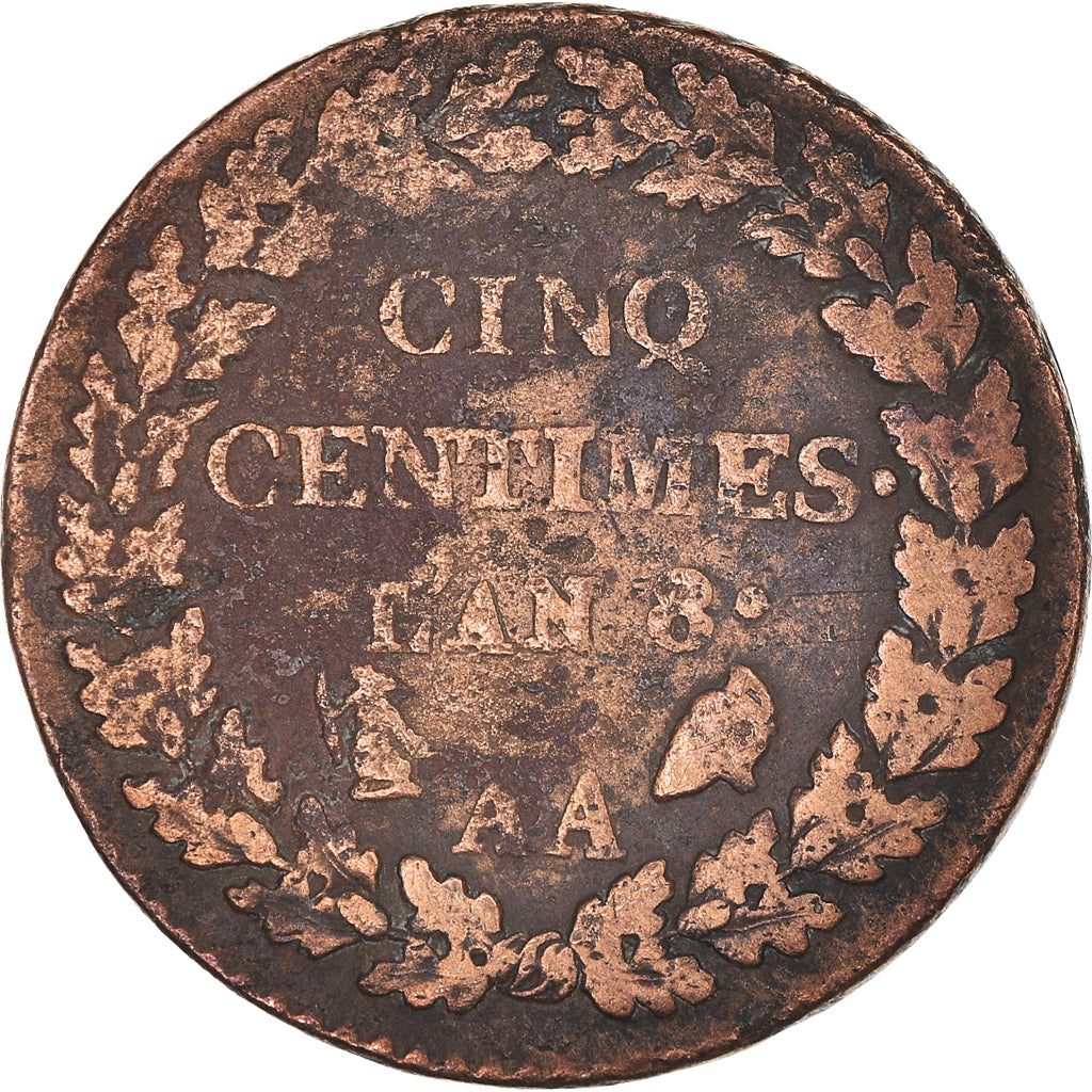 Münze, Frankreich, Dupré, 5 Centimes, AN 8 (1799-1800), Metz, S, Bronze