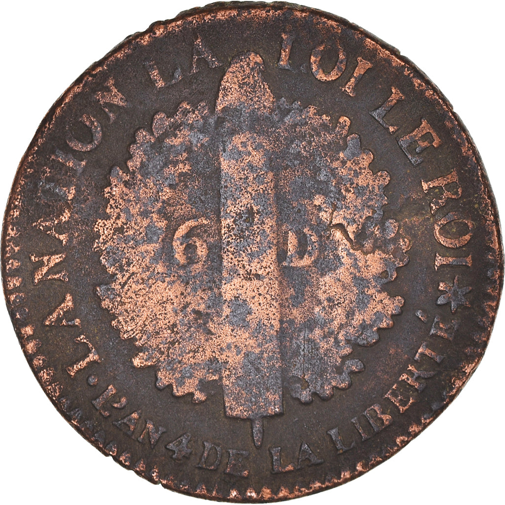 Moneta, Francia, Louis XVI, 6 Deniers, 1792, Strasbourg, B+, Rame, KM:611