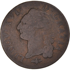 Moneda, Francia, Louis XVI, Sol, 1791, Lyon, BC, Cobre, KM:578.5, Gadoury:350