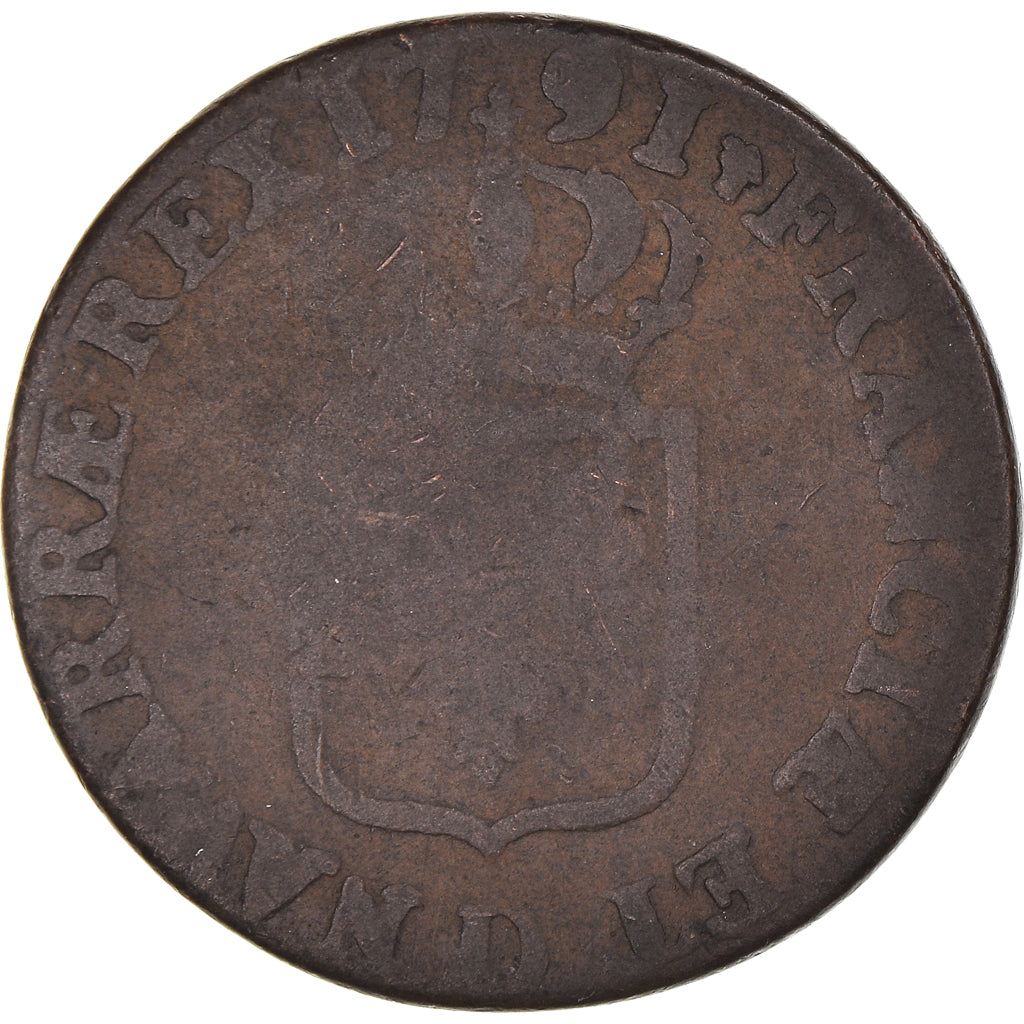Munten, Frankrijk, Louis XVI, Sol, 1791, Lyon, ZG+, Koper, KM:578.5, Gadoury:350