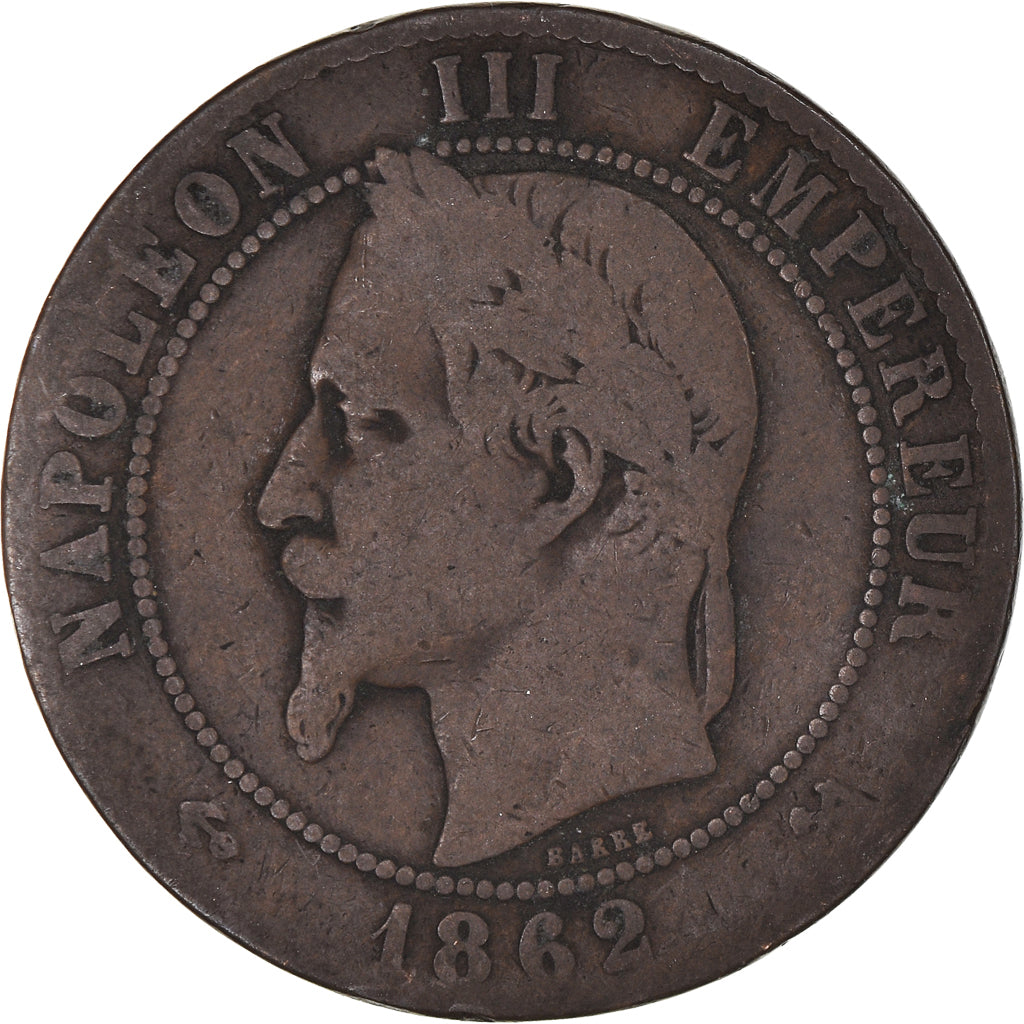 Moneda, Francia, Napoleon III, 10 Centimes, 1862, Bordeaux, BC, Cobre, KM:798.3