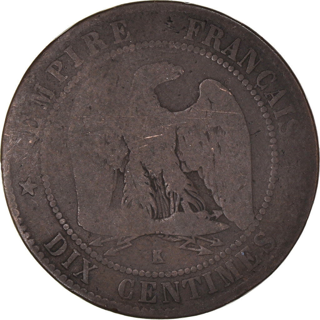 Moneda, Francia, Napoleon III, 10 Centimes, 1862, Bordeaux, BC, Cobre, KM:798.3