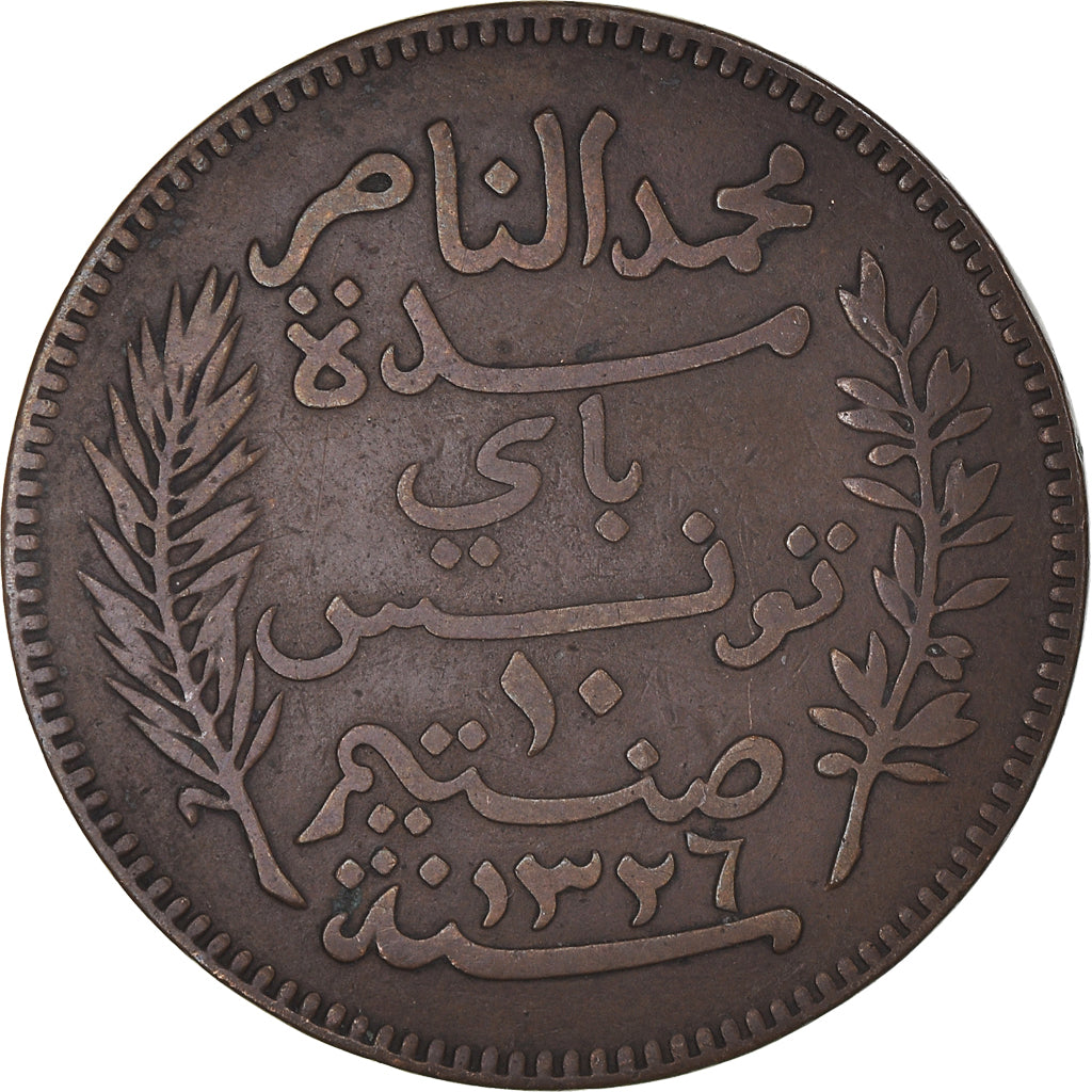Munten, Tunisië, Muhammad al-Nasir Bey, 10 Centimes, 1908, Paris, ZF, Bronzen