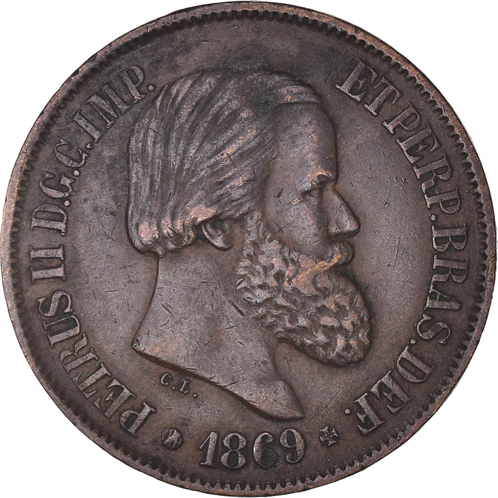 Moneta, Brasile, Pedro II, 20 Reis, 1869, BB, Bronzo, KM:474