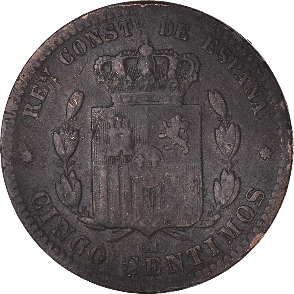 Coin, Spain, Alfonso XII, 5 Centimos, 1877, Madrid, VF(20-25), Bronze, KM:674