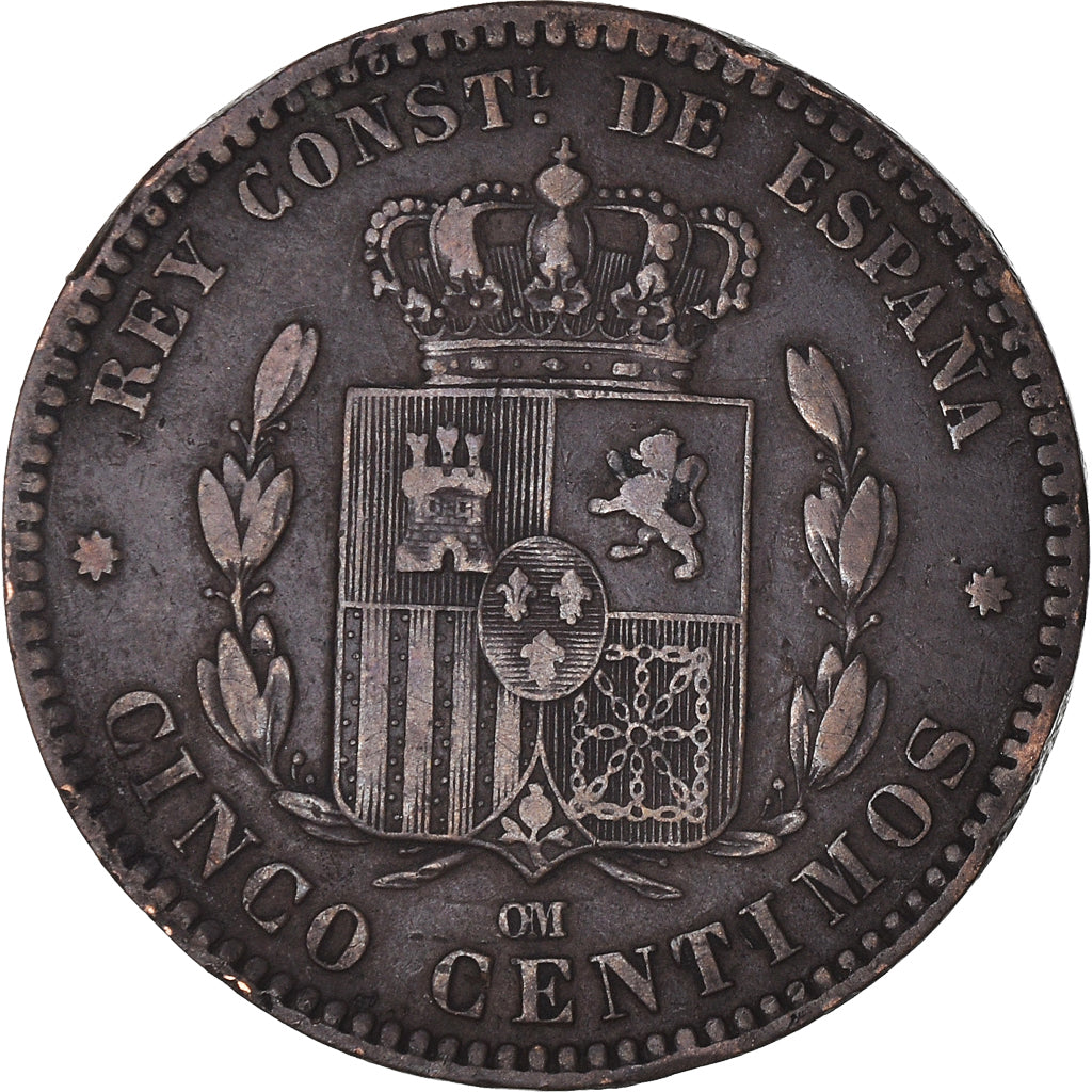 Coin, Spain, Alfonso XII, 5 Centimos, 1877, Madrid, EF(40-45), Bronze, KM:674