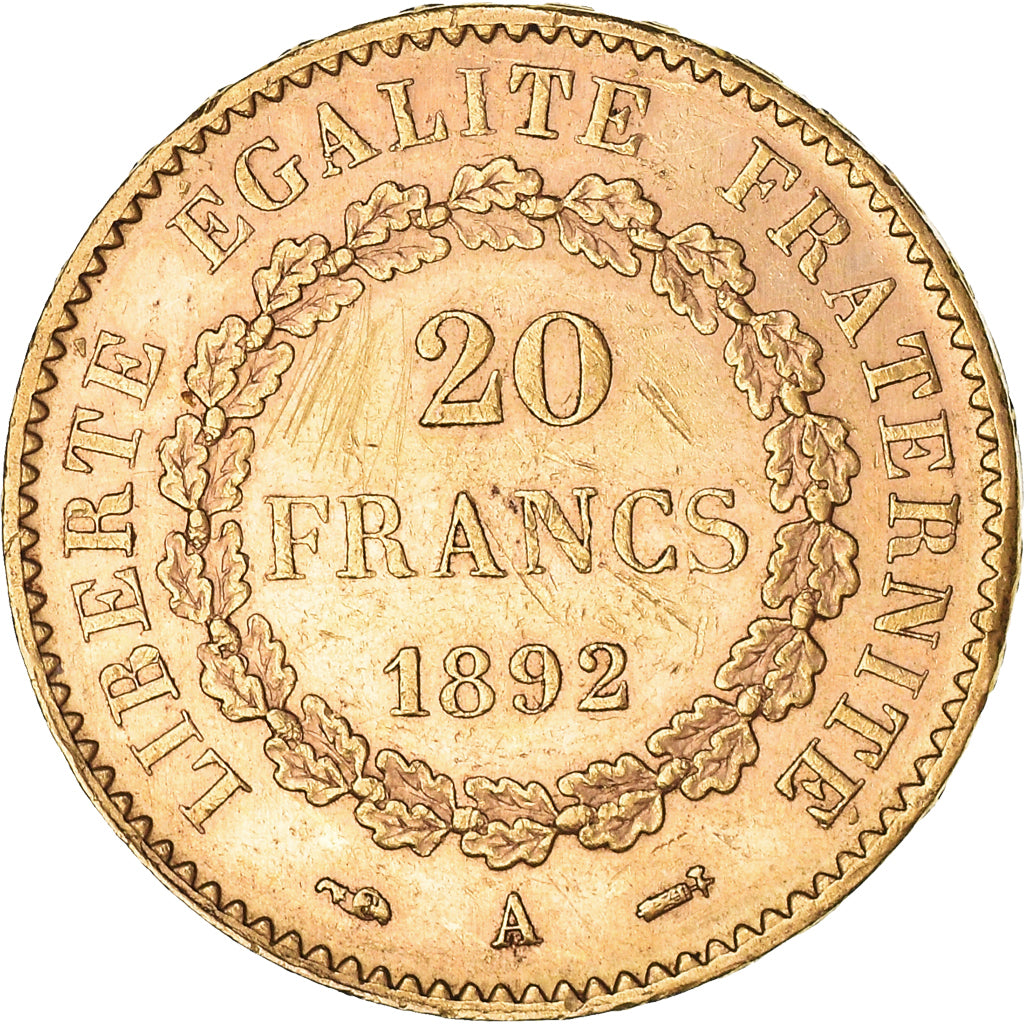 Moneta, Francja, Génie, 20 Francs, 1892, Paris, AU(50-53), Złoto, KM:825