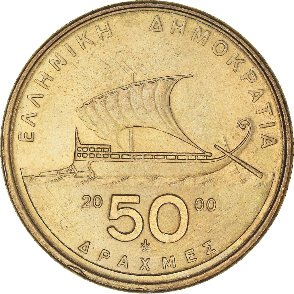 Coin, Greece, 50 Drachmes, 2000, Athens, AU(55-58), Aluminum-Bronze, KM:147