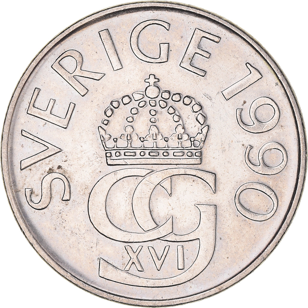 Coin, Sweden, Carl XVI Gustaf, 5 Kronor, 1990, AU(50-53), Copper-nickel, KM:853