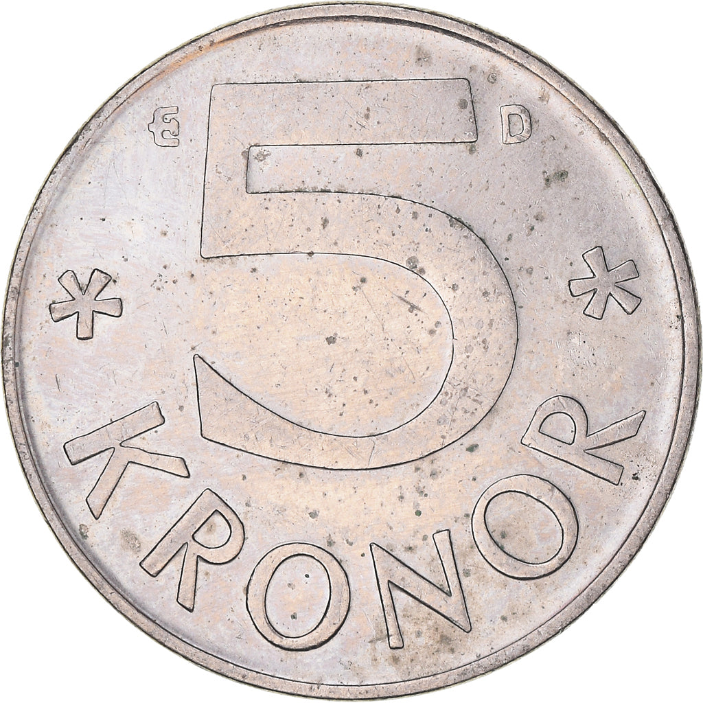 Coin, Sweden, Carl XVI Gustaf, 5 Kronor, 1990, AU(50-53), Copper-nickel, KM:853