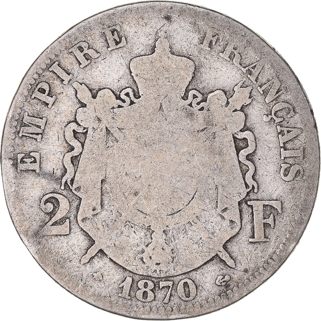 Moneda, Francia, Napoléon III, 2 Francs, 1870, Paris, BC, Plata, KM:807.1