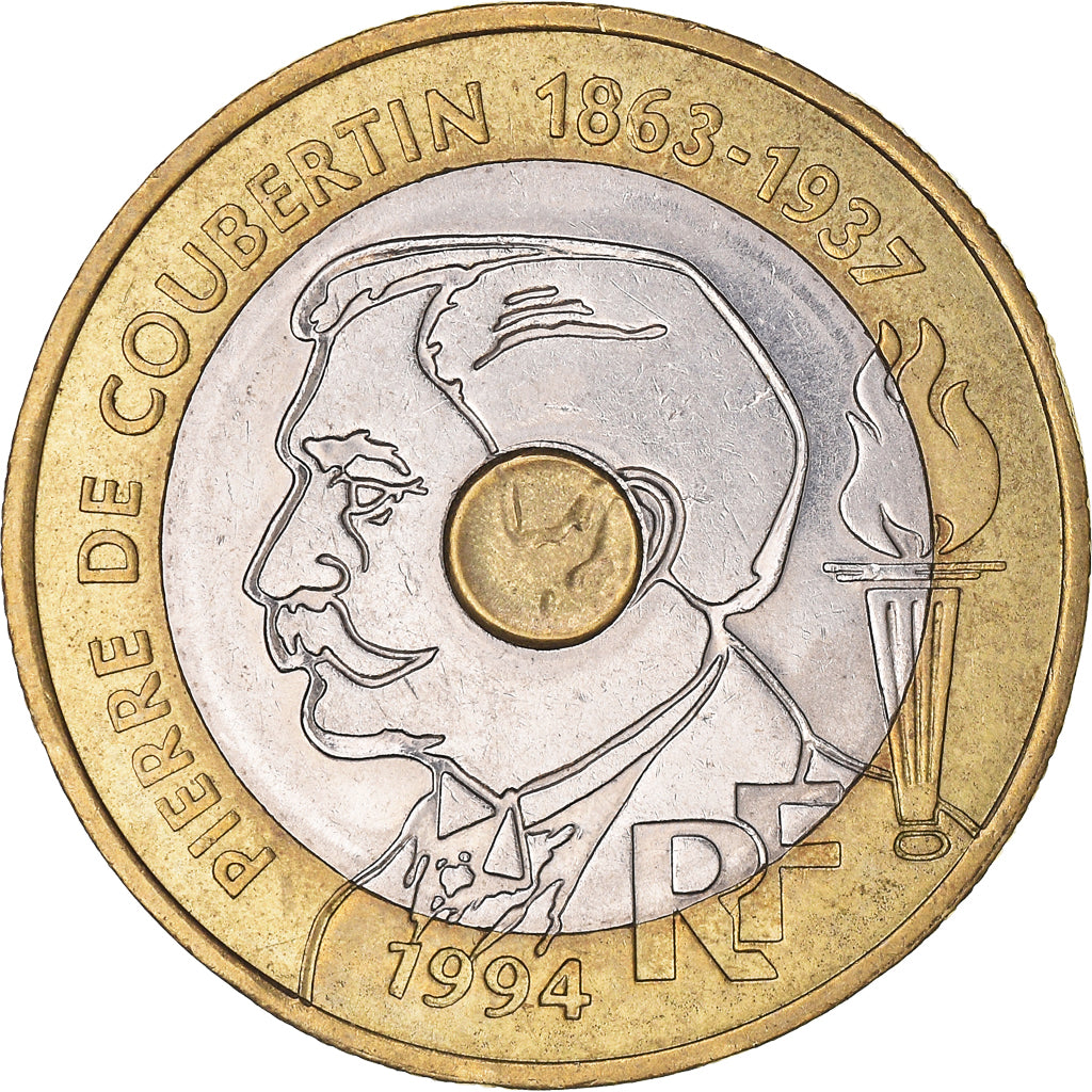 Coin, France, Pierre de Coubertin, 20 Francs, 1994, AU(55-58), Tri-Metallic