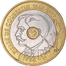 Coin, France, Pierre de Coubertin, 20 Francs, 1994, AU(55-58), Tri-Metallic