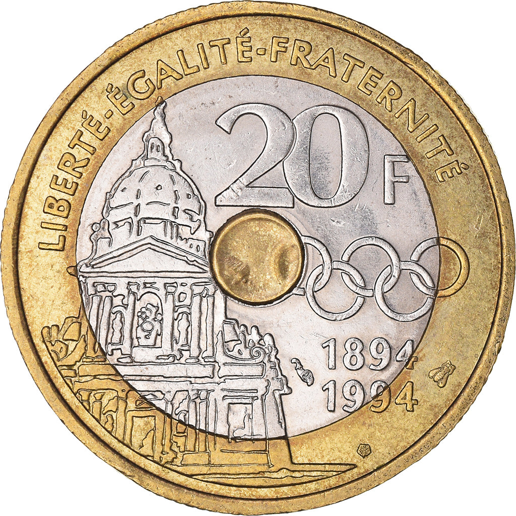 Coin, France, Pierre de Coubertin, 20 Francs, 1994, AU(55-58), Tri-Metallic
