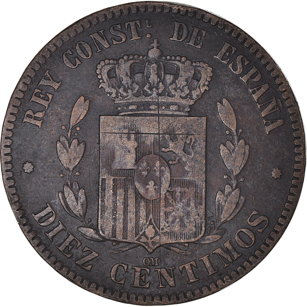 Münze, Spanien, Alfonso XII, 10 Centimos, 1879, Madrid, SS, Bronze, KM:675
